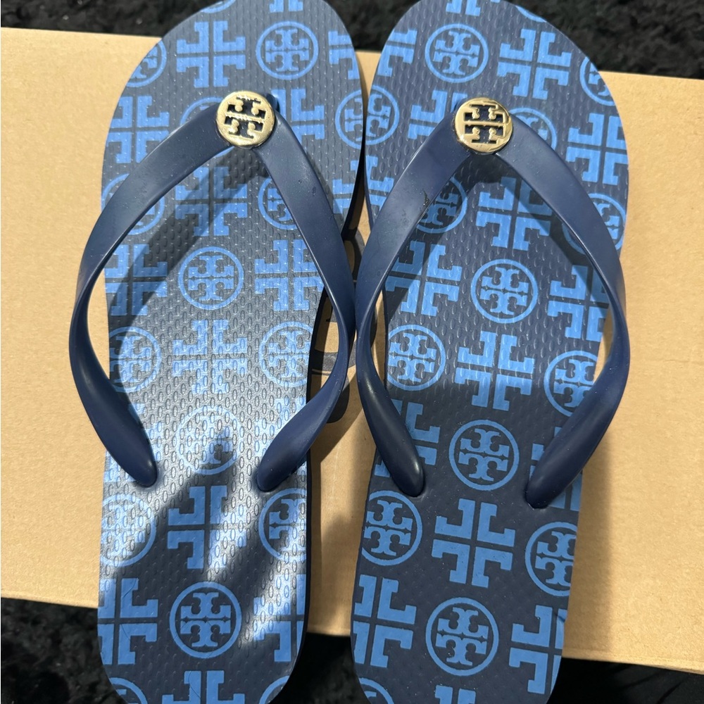 Tory Burch Navy and Gold Flip Flops